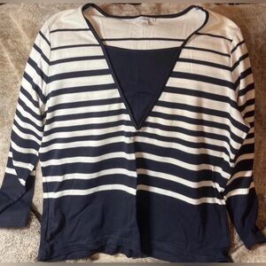 DressBarn Striped Top Womens 14 Plus Navy White 3/4 Sleeve V Neck Layered Top